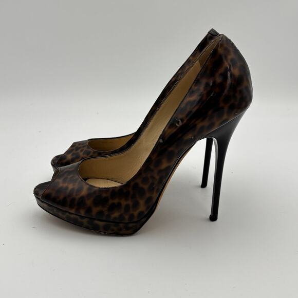 Jimmy Choo Cheetah Print Patent Leather Peep Toe Pumps Women's 37.5 - Picture 5 of 13
